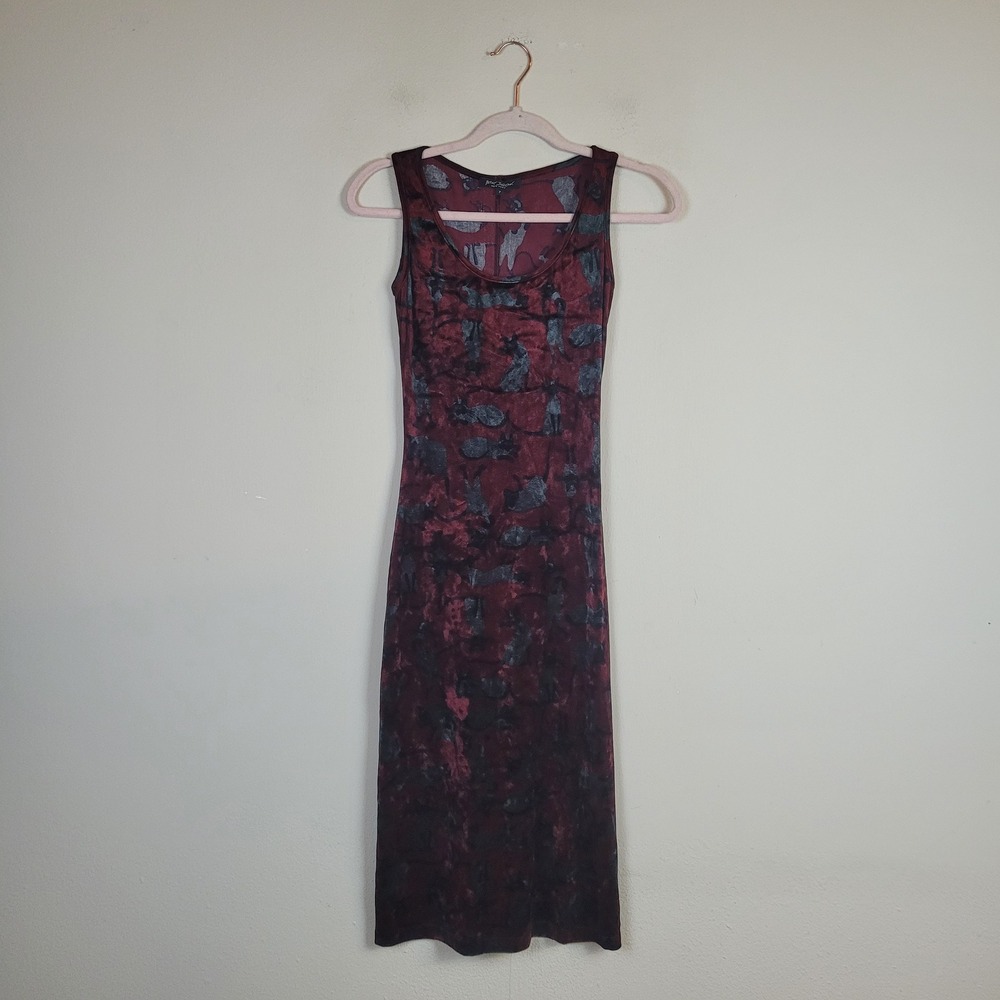 Vintage Betsey Johnson Dress XS Burgundy Cat Print Velvet Sleeveless Bodycon 90s